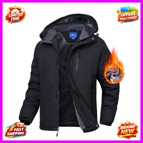 Men's Waterproof Ski Jacket with Fleece Liner Windproof Winter Coat Hooded